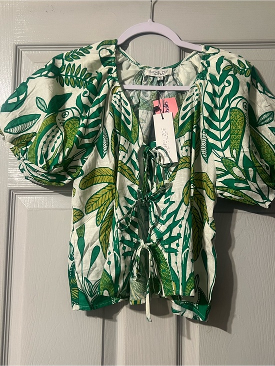 Rachel Zoe Tops - Rachel Zoe Cream Blouse with Green Leaf Print and Tie Front
